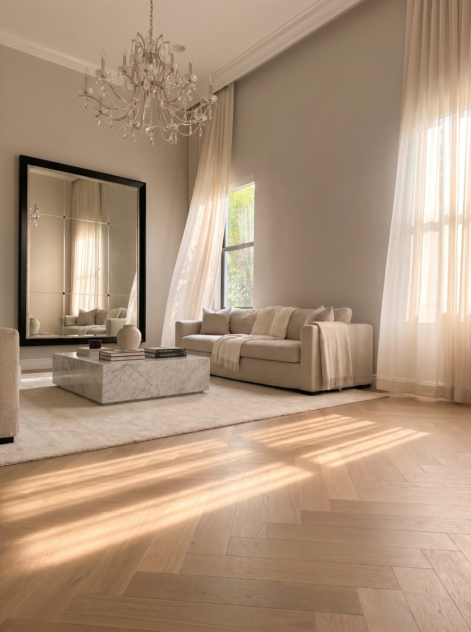 Luxury herringbone hardwood flooring living room
